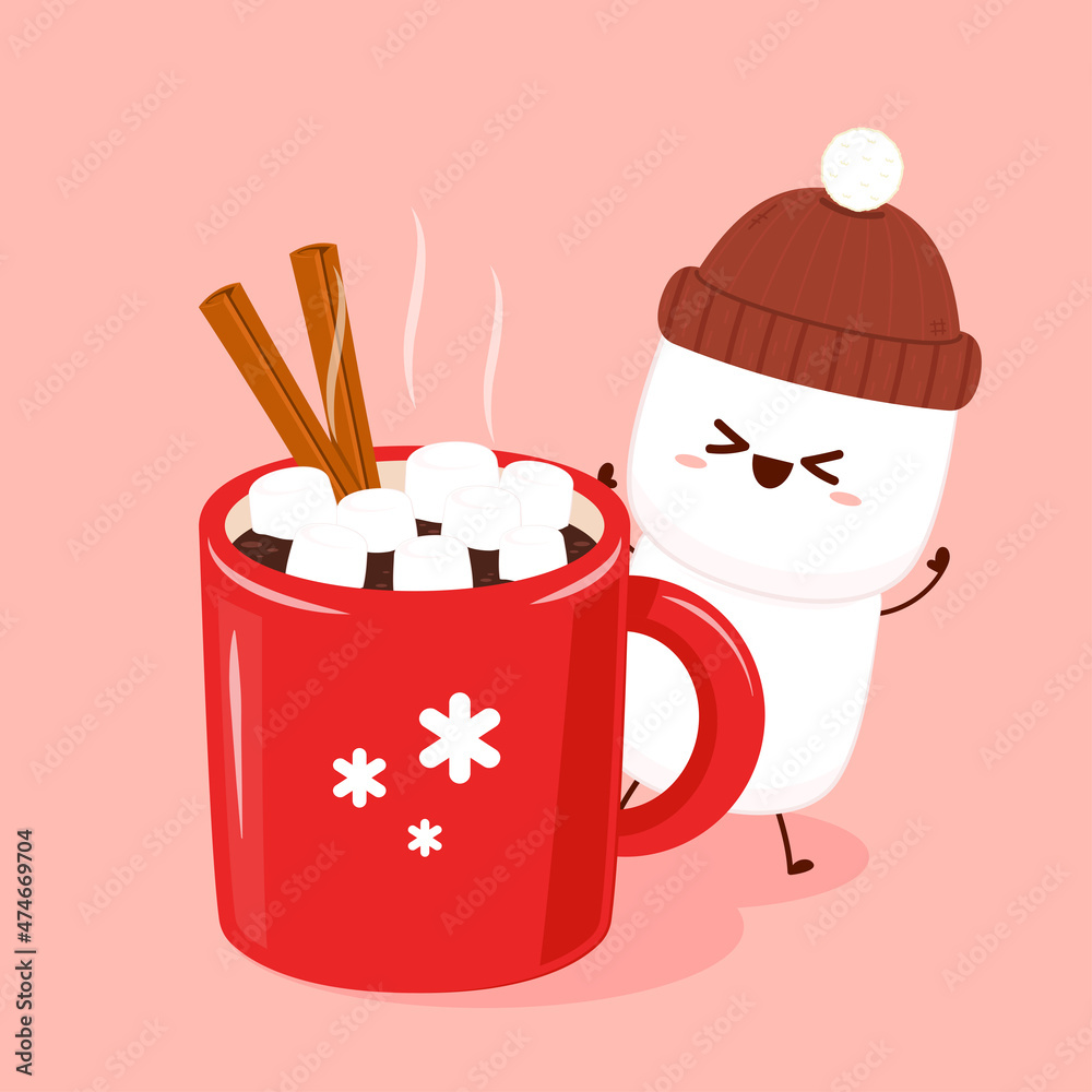 Funny Marshmallows characters  and cup of coffee. Marshmallows character design. Dessert cartoon. Red cup with muffin, cinnamon and Marshmallows.