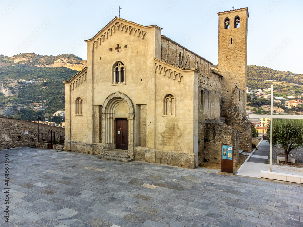View of the church of San Michele Arcangelo in the medieval old town of Ventimiglia in Italy, Liguria, Ligurian Riviera, Imperia province
