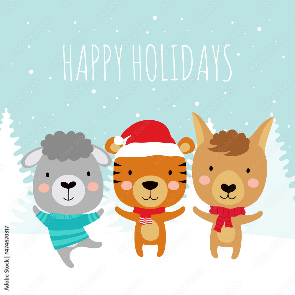 greeting card with cute forest animals, vector illustration
