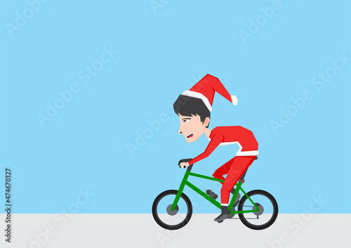 Simple illustration of boy with Santa Claus costume and riding bike