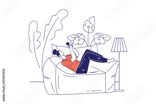 People sit in gadgets concept in flat line design for web banner. Woman browsing in smartphone while lying on sofa or armchair, modern people scene. Vector illustration in outline graphic style photo