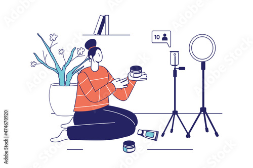 Video streaming concept in flat line design for web banner. Woman blogger makes review of cosmetics for beauty blog for followers, modern people scene. Vector illustration in outline graphic style
