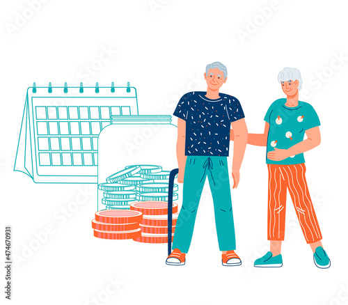 Retirement payments financial planning. Retirement fund investments and elderly people retiree or pension budget, flat vector illustration isolated on white background.