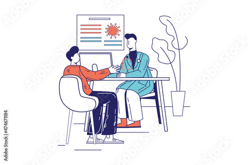 Medical clinic concept in flat line design for web banner. Man at doctor appointment, therapist consults and diagnoses patient, modern people scene. Vector illustration in outline graphic style