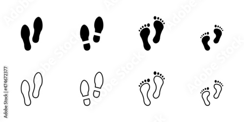 Human footprints icon set. Foot print vector illustration set with shoes bare feet and boot print. Image of footprint silhouette.
