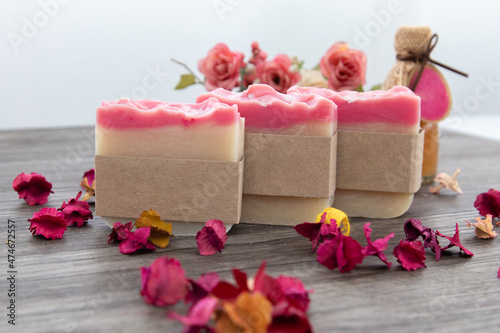 Mock up for small business homemade natural organic soap ,skin product mockup scene. Craft paper on cosmetic product, antibacterial handcrafted soap concept