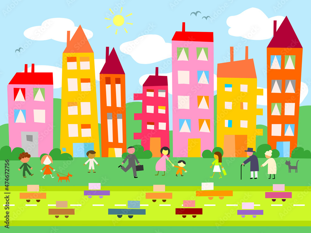 Colorful naïve cartoon city street with people in daytime