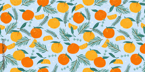 Christmas and Happy New Year seamless pattern. Christmas tree and tangerines. New Year symbols.