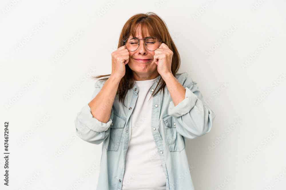 Middle age caucasian woman isolated on white background whining and crying disconsolately. Middle age caucasian woman isolated on white background whining and crying disconsolately.