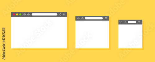 Web browser set. Browser mockup for website. Computer, tablet, phone sizes. Empty browser window. Web page user interface. Internet empty web landing page concept with search bar and buttons.