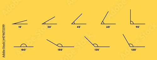 Angle line art icons set. Angle degree grade icon. Angle 30, 45, 60, 75, 90, 105, 120, 135, 150, 165, and 180 degree icon set. Math geometric design element. Angles templates.