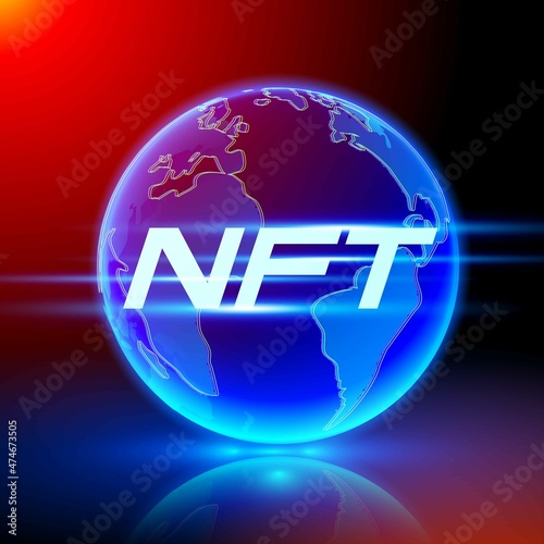 NFT text on hologram planet earth. Nonfungible tokens concept. Crypto art news. Vector illustration.