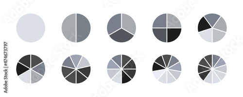 Segmented circles set. Wheel round diagram part set. Circle section graph line art. Segment slice sign. Pie chart icon. Fraction big set. 2,3,4,5,6 segment infographic. Vector.