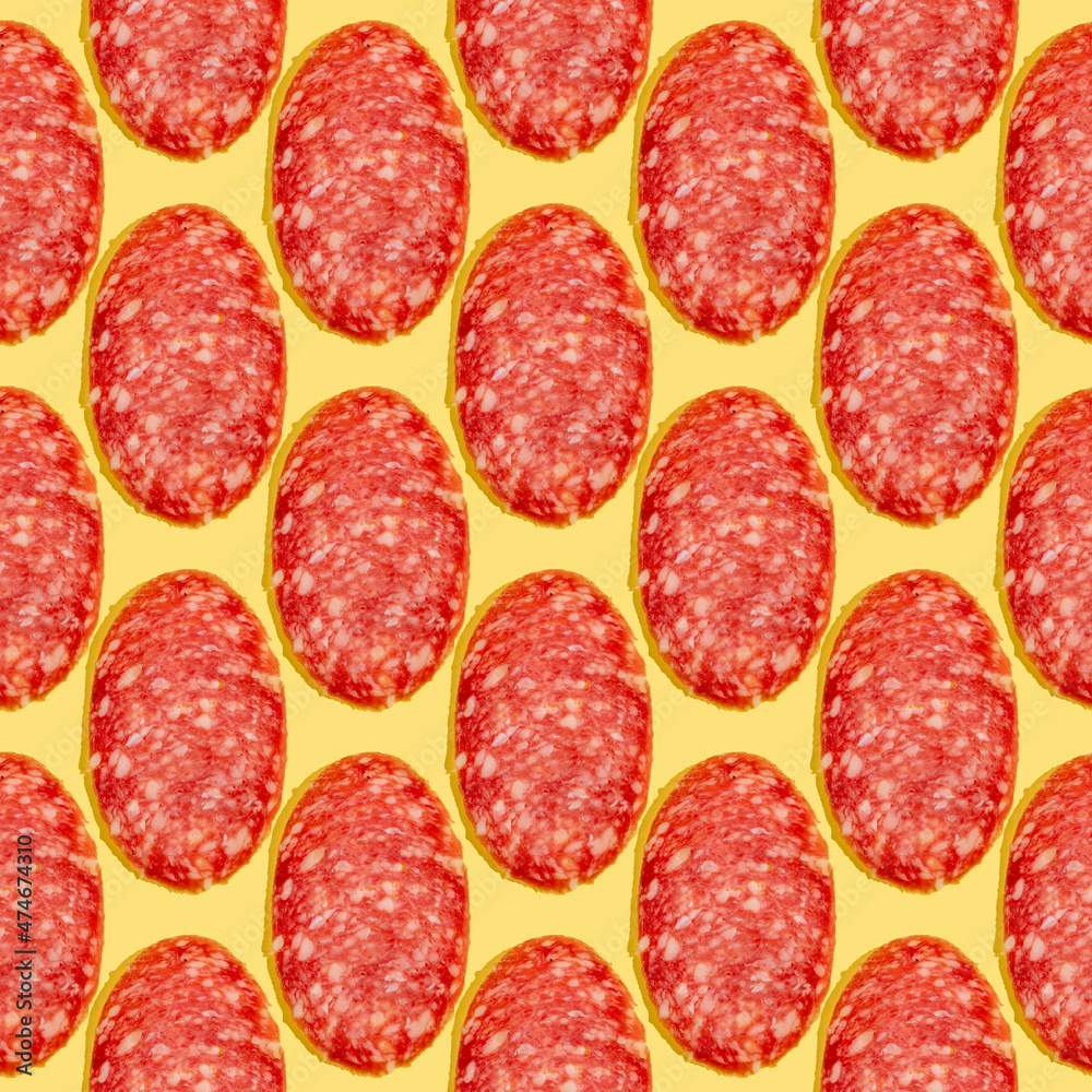 Seamless pattern with sausage slice on yellow background. Seamless pattern with sausage slice on yellow background.