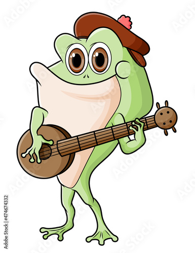 The musician frog is singing and playing the banjo