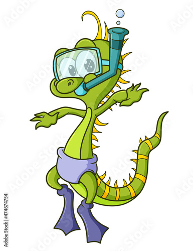 The cute iguana is snorkeling under the sea