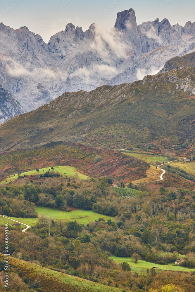 Autumn landscape in Asturias. Naranjo de Bulnes. Picu Urriellu. Spain