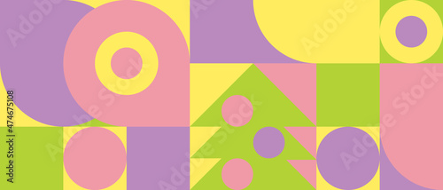 Bright geometric background for childrens textile or wallpaper design, Scandinavian retro style pattern. Colored circles, triangles and squares with seamless texture for web cover design.