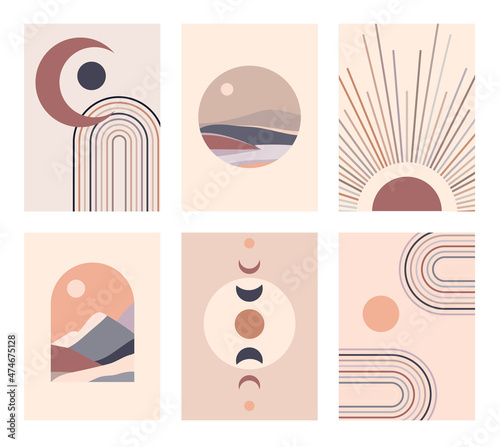 Set of abstract contemporary posters with sun moon and landscape in boho style. Mid century minimalist background for home decoration, wall decor or covers. Vector