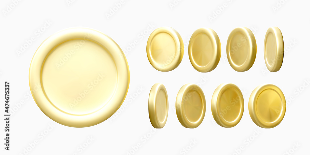 Gold Coin. Set of golden currency rotation. Realistic cartoon style illustration. 3d render of metal money Gold Coin. Set of golden currency rotation. Realistic cartoon style illustration. 3d render of metal money
