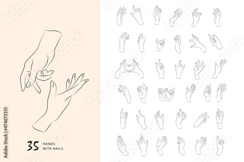 Set of Vector female beauty hands silhouette. Editable outline stroke size. Line flat contour, thin and linear design. Simple icons. Concept illustration.