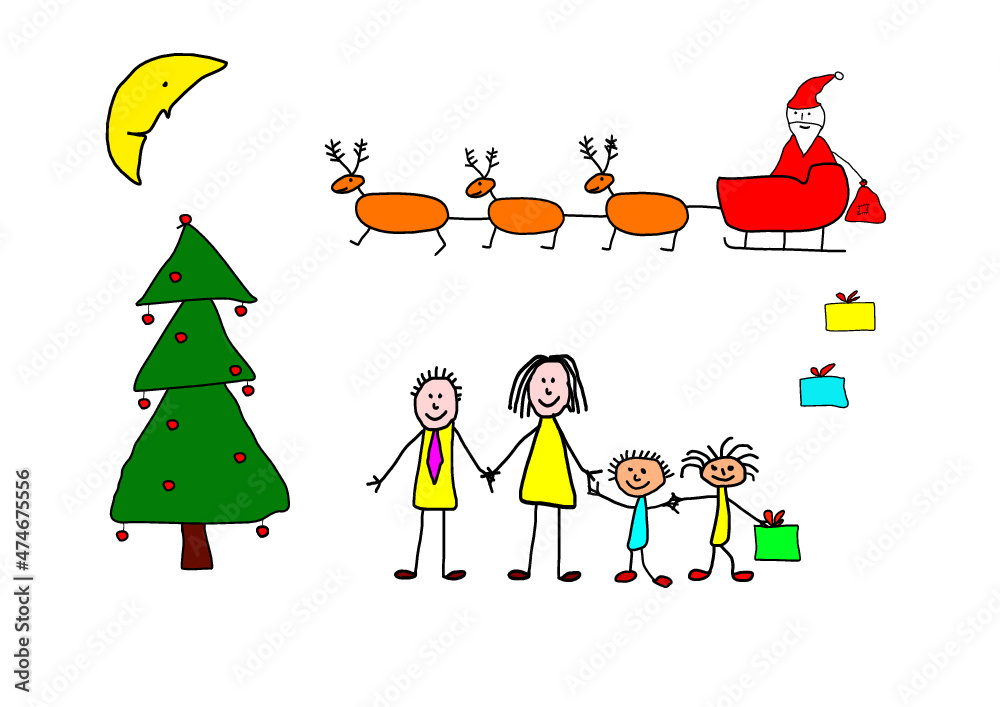 Christmas concept, drawn by a child. Santa Claus arrived with his reindeer sleigh, and bring gifts to the whole family. Christmas concept, drawn by a child. Santa Claus arrived with his reindeer sleigh, and bring gifts to the whole family.