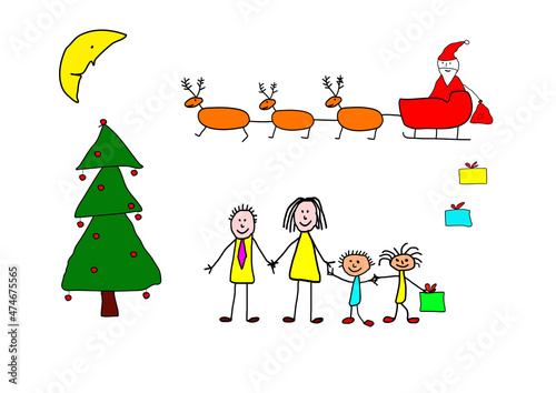 Christmas concept, drawn by a child. Santa Claus arrived with his reindeer sleigh, and bring gifts to the whole family. 