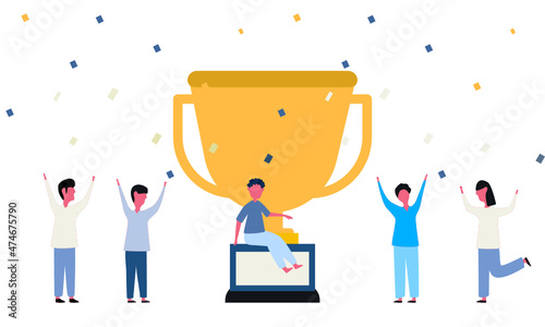 Golden trophy cup symbol of victory team Successful business team concept.