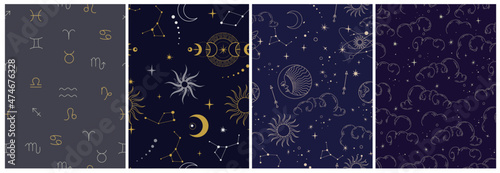 Vector seamless pattern with celestial mystic esoteric magic elements sun moon and clouds Different stages of moon, zodiac Signs. Alchemy tattoo template photo