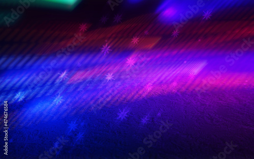 Winter abstract  blurred background with bokeh. Blurry night city lights in reflection on a snowy road. Neon light  falling snow  snowflakes. 3d illustration