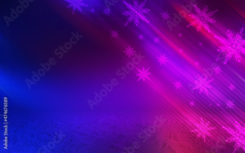 Winter abstract, blurred background with bokeh. Blurry night city lights in reflection on a snowy road. Neon light, falling snow, snowflakes. 3d illustration