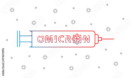 New variant omicron coronavirus text design inside syringe outline illustration. Coronavirus cell and new virus icon text design and vaccine syringe silhouette.
