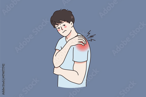 Unhealthy man touch shoulder suffer from back injury or trauma. Unwell sick guy struggle with acute pain or muscular spasm strain in arm. Healthcare and medicine. Flat vector illustration. 