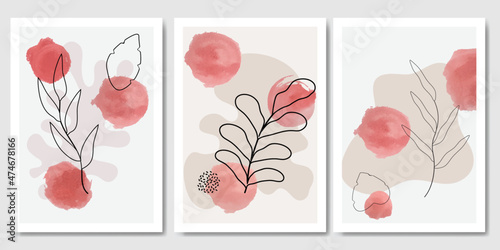 Vector illustration. Watercolor shapes with outline leaves. Design for poster, postcard, flyer, brochure cover. Red watercolor paints with frame.  © Goldenboy_14