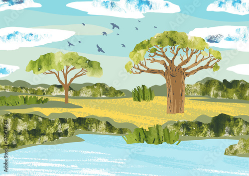 Africa. Savanna landscape. Vector baobab  acacia tree and river.  Reserves and national parks outdoor. Bright hand draw vector Illustration with trees river  grass  bushes and blue sky