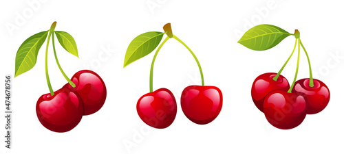 Collection of juicy cherry illustrations isolated on white background
