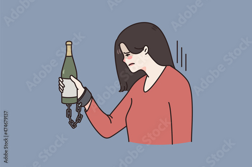 Unhappy stressed woman connected with chains to bottle suffer from alcohol addiction. Upset female addicted to alcoholic beverage need help. Alcoholism and healthcare concept. Vector illustration. 