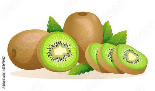 Set of fresh kiwi fruit whole, half and cut slice with leaves illustration isolated on white background