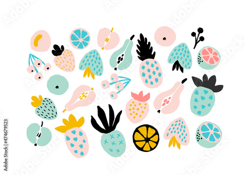 Abstract fruits set in contemporary style. Vector illustration strawberry, cherry, pineapple, apple, pear, orange. Trendy shapes exotic fruits.Botanical mix, collage art. Isolated on white background.