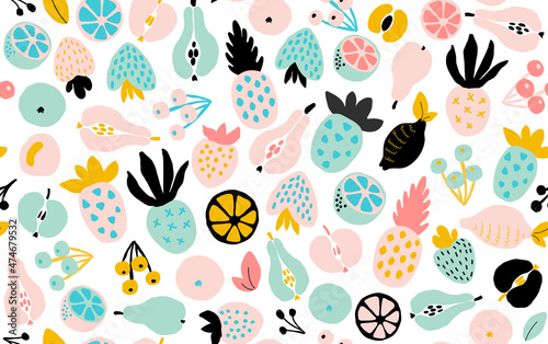 Abstract fruit seamless pattern. Modern cutout figures tropical illustration. Collage contemporary print with hand drawn fruits, berries. Graphic pattern apples, strawberry, peach, pear and pineapple.