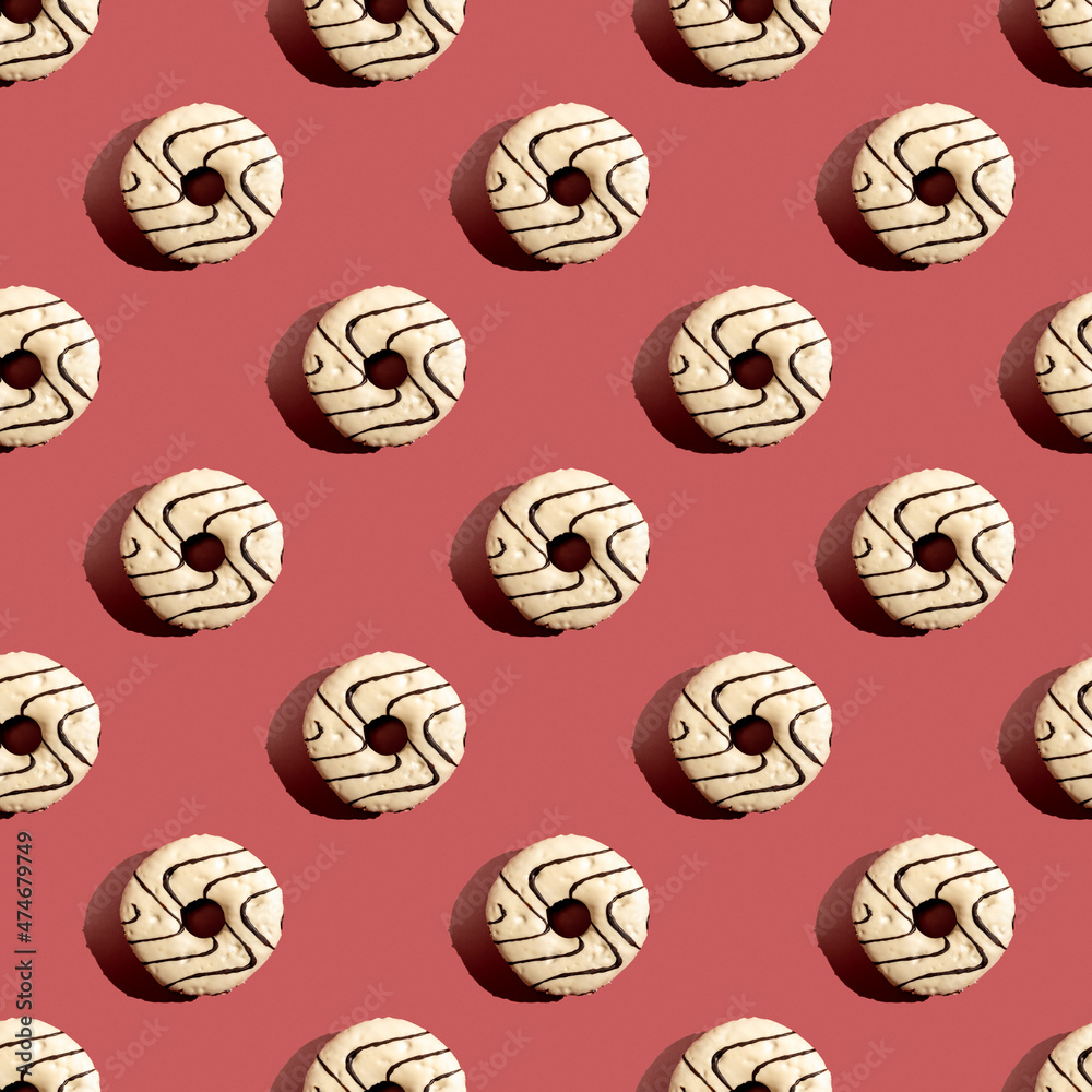 Seamless pattern with chocolate covered doughnut on dark pink background. Seamless pattern with chocolate covered doughnut on dark pink background.