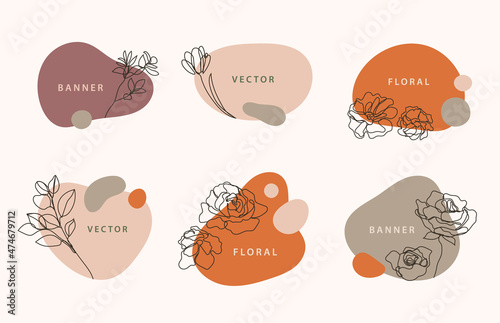 Vector set of liquid organic forms and badges set with monoline plants, leaves. Flowing shapes banners. Use for logo, branding, web design, social media post