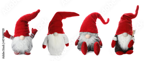 Photos Set with funny Christmas gnomes on white background