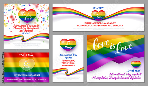 17 st of May International event festive banners set. Holiday against Homophobia, Transphobia and Biphobia card, poster with text inscription and rainbow heart shaped flag vector illustration photo