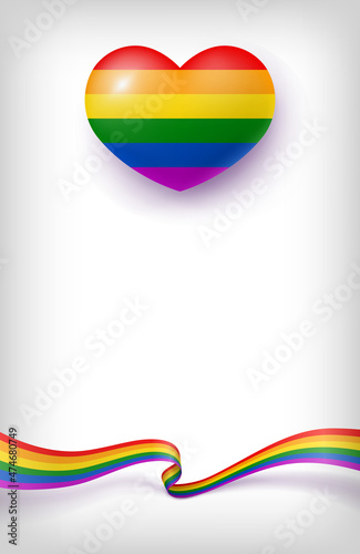 Waving flag and heart of LGBT pride card template. LGBTQ related symbols in rainbow colors with white copy space. Love, freedom, support realistic vector illustration.