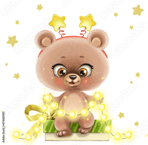 Cute teddy bear in a hoop with stars sits on a box with a gift and holds a garland with shining light bulbs isolated on a white background