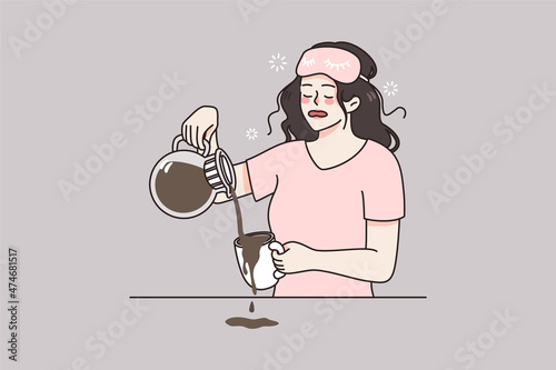 Sleepy tired young woman make coffee in morning feel fatigue after sleepless night. Drowsy girl exhausted need sleep relaxation. Early wakeup and exhaustion. Stress and burnout. Vector illustration. 