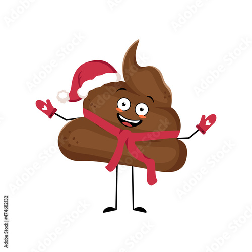 Cute shit Santa character with happy emotion, joyful face, smile eyes, arms and legs with scarf and mittens. Festive turd for New year