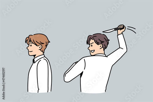 Betrayal and foul play concept. One man friend trying to kill another one with knife to back standing backwards making betrayal vector illustration 