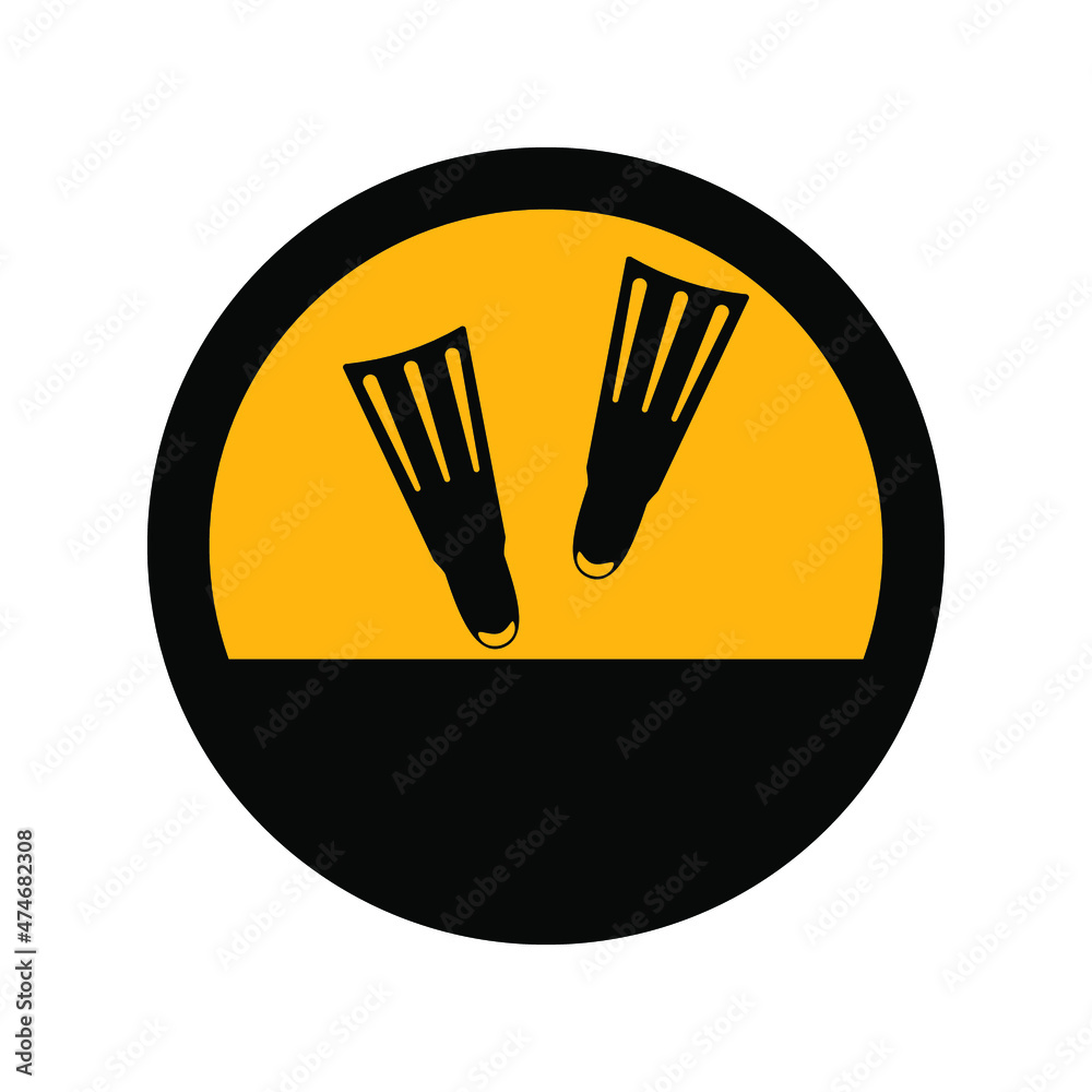 Swimming fins, black and yellow colors, round sign for design on a white background, vector illustration Swimming fins, black and yellow colors, round sign for design on a white background, vector illustration